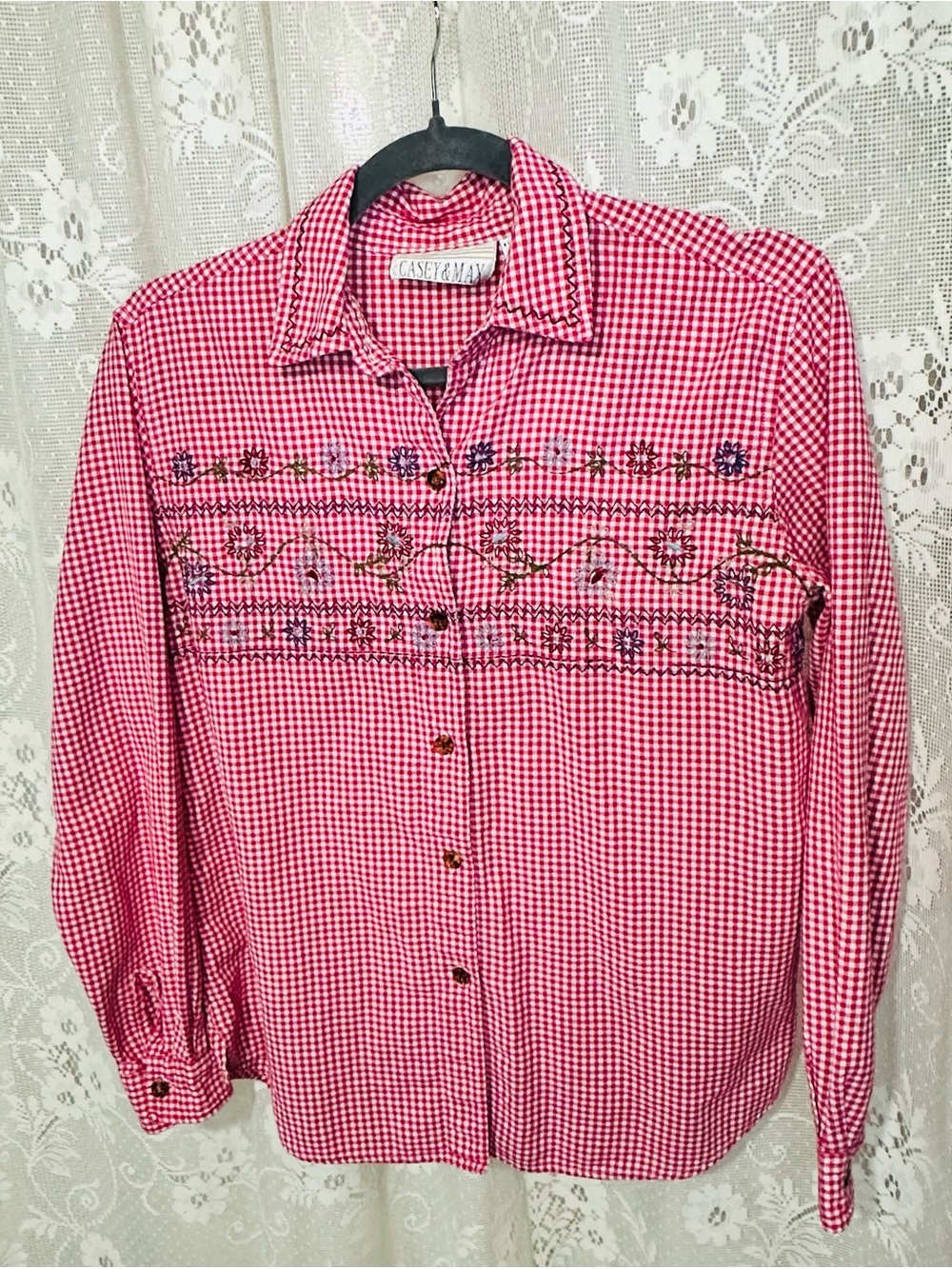 Casey & Max Vintage Red Gingham Embroidered Button-Up Shirt-Size Small